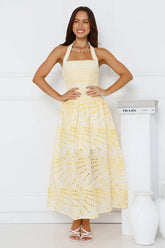 Leona Halter Embroidered Maxi Dress Yellow